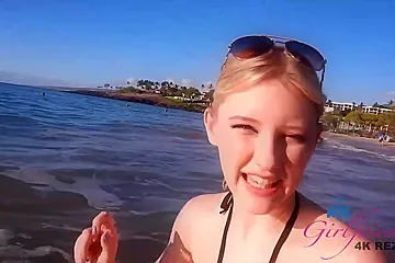 Cute blonde chick is having a blast in Hawaii, especially while having sex with handsome locals - porn video