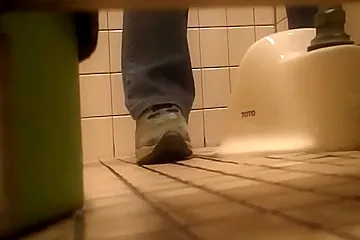 Pissing in the toilet and showing bushy pussy on spy cam (fake) - porn video