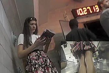 Upskirt (fake) in public with slender brunette hottie - porn video