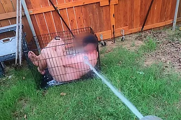 Femdom Wife Humiliates Small Penis Husband Hoses Him Like A Zoo Animal In A Dog Cage - porn video