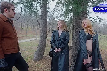 Two Exhibitionist Girls Showed Off Their Hot Bodies And Seduced A Passing Stranger - porn video